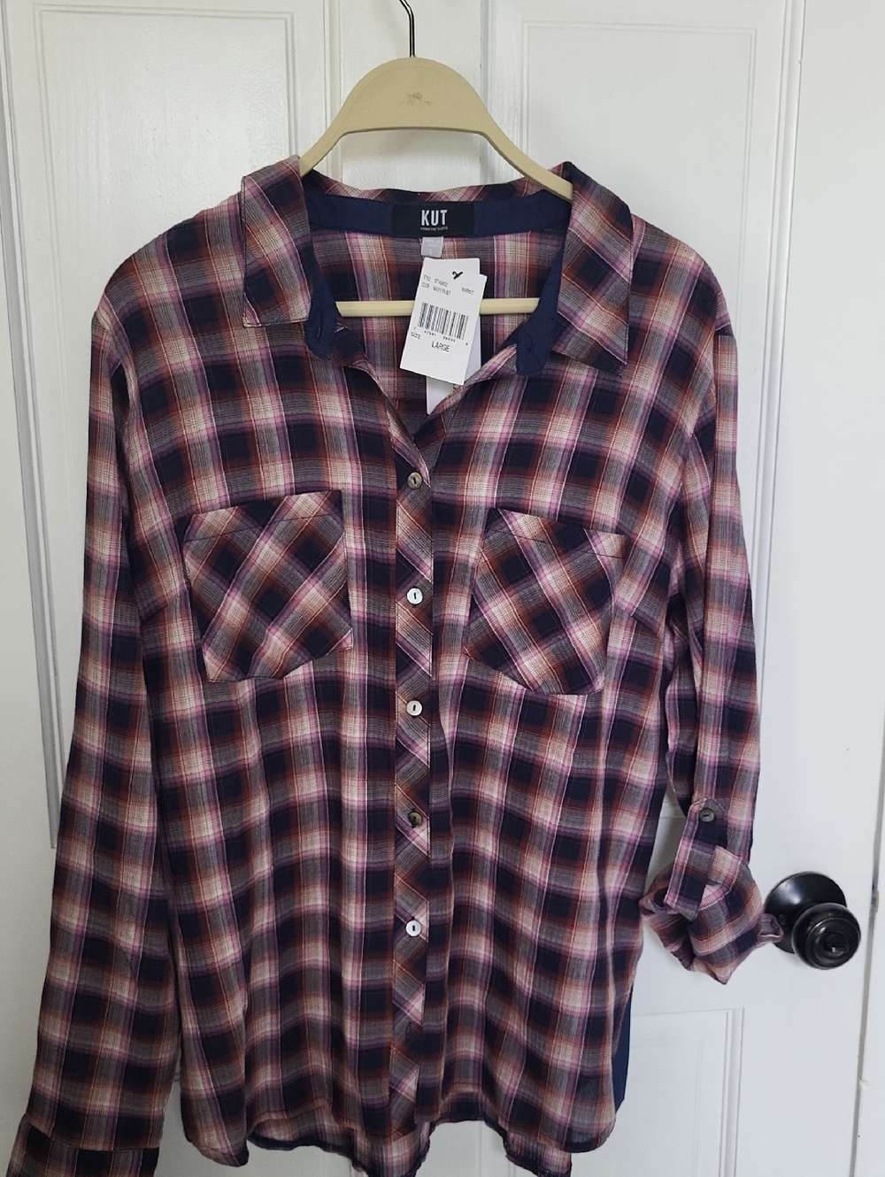 Kut from the Kloth Navy & Pink Plaid Button-Up Shirt